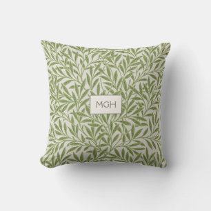 Cojín Decorativo Monograma de Hojas de Sauce Verde Vintage