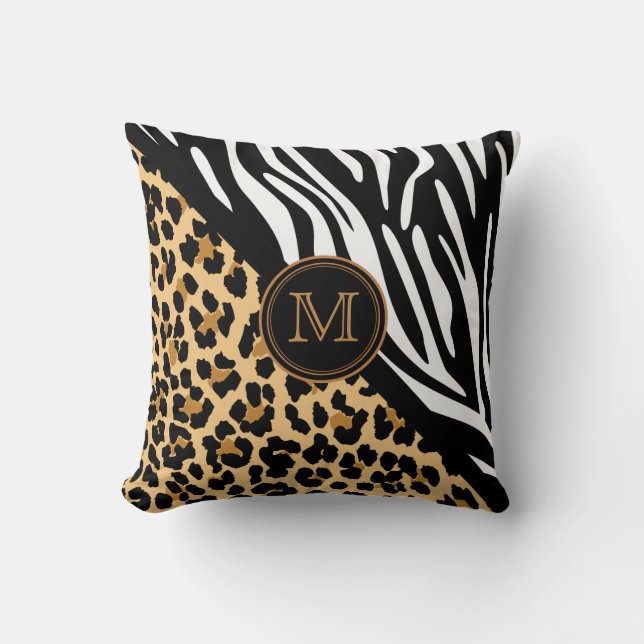 Cojín Decorativo Monograma de impresión de leopardo y cebra con est (Anverso)
