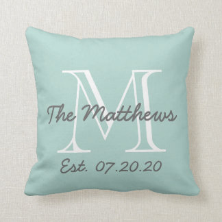 Cojín Decorativo Monograma de la familia blanca gris verde de menta