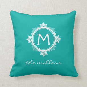 Cojín Decorativo Monograma de la familia del copo de nieve en azul