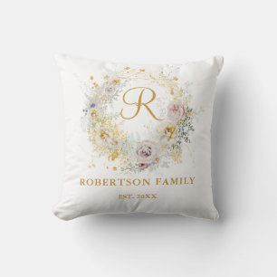 Cojín Decorativo Monograma de la familia floral dorada