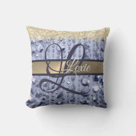 Cojín Decorativo Monograma de las perlas azules Purpurinoso deslumb