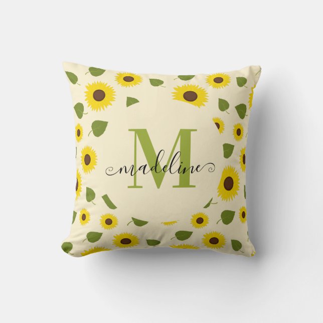 Cojín Decorativo Monograma de letra cursiva de girasol amarillo ver (Anverso)