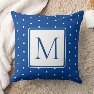 Cojín Decorativo Monograma de lunares azules y blancos de la Marina