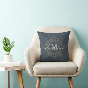 Cojín Decorativo Monograma de manala azul oscuro gris oscuro de la 