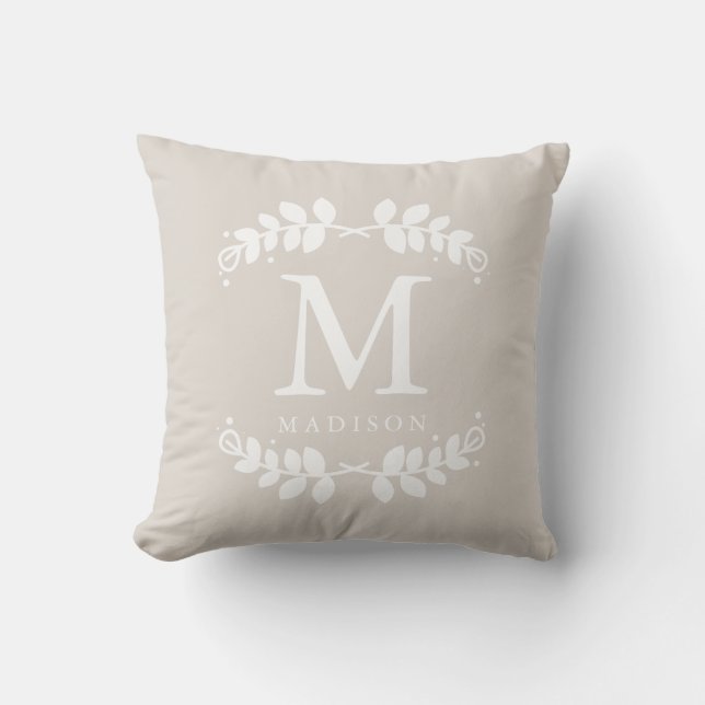 Cojín Decorativo Monograma de marco floral beige de moda (Anverso)