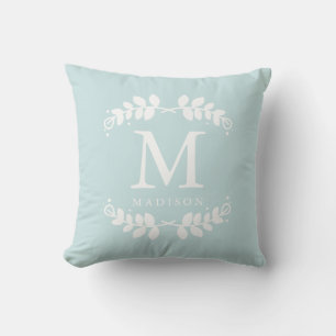 Cojín Decorativo Monograma de marco floral de moda de menta