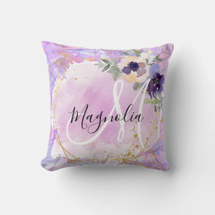 Cojín Decorativo Monograma de Mármol Arcoíris Floral Púrpura, Rosa 