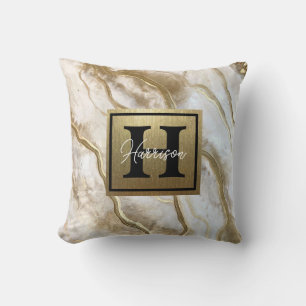 Cojín Decorativo Monograma de mármol blanco y dorado personalizado