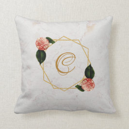 Cojín Decorativo Monograma de mármol rosa dorado camelia floral geo
