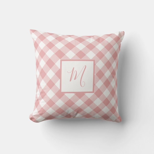 Cojín Decorativo Monograma de Moda moderna de Gingham blanco rosado (Anverso)