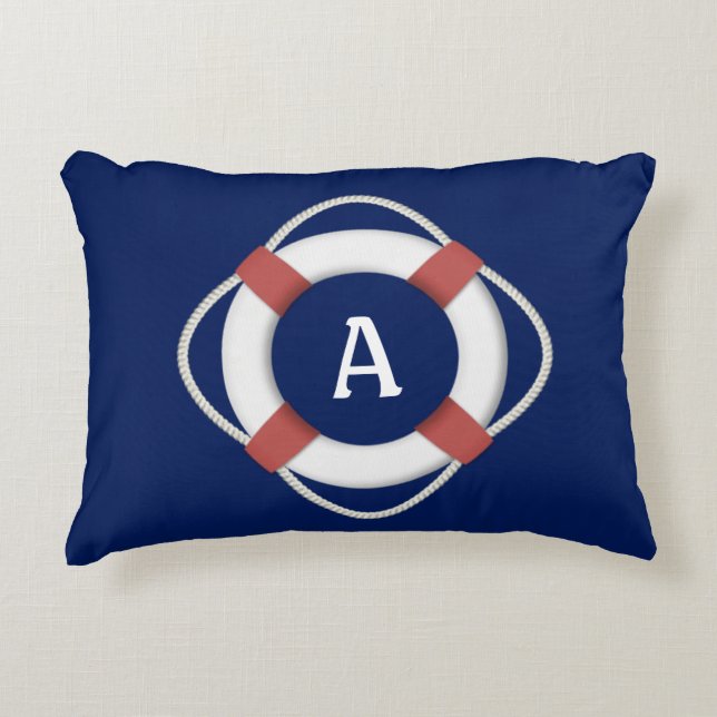 Cojín Decorativo Monograma de Navy Blue Nautical Lifesaver (Anverso)