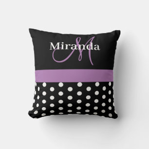 Cojín Decorativo Monograma de negro, blanco y morado con puntos pol