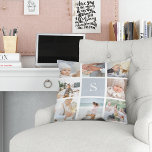 Cojín Decorativo Monograma de niebla gris<br><div class="desc">Personalizar esta almohada de lanzamiento con ocho fotos cuadradas dispuestas en un diseño de collage de rejilla,  con tu monograma inicial en gris neblina en el cuadrado central. La almohada vuelve a un sutil patrón de diamante punteado que combina gris y blanco.</div>