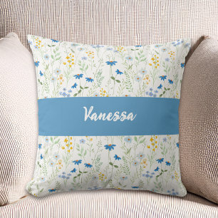Cojín Decorativo Monograma de nombre acuarela azul flor silvestre