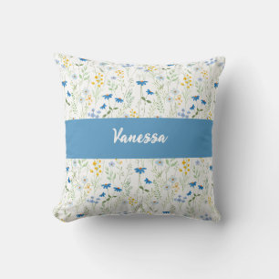 Cojín Decorativo Monograma de nombre acuarela azul flor silvestre
