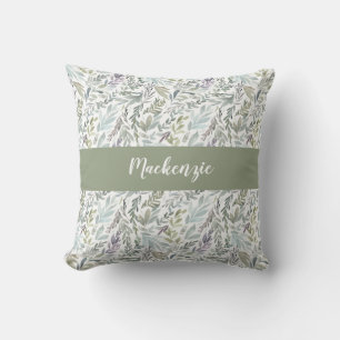Cojín Decorativo Monograma de nombre con acuarela botánica verde az