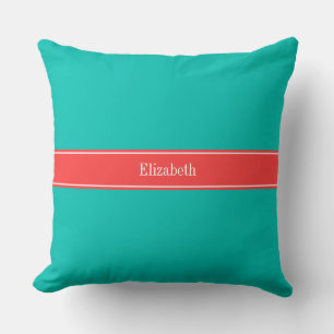 Cojín Decorativo Monograma de nombre con cinta roja coral y verde t