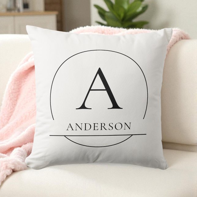 Cojín Decorativo Monograma de nombre de familia personalizado simpl (White Modern Simple Custom Family Name Monogram Throw Pillow)