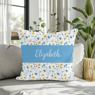 Cojín Decorativo Monograma de nombre de flor silvestre acuarela azu