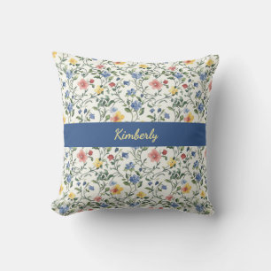 Cojín Decorativo Monograma de nombre de flor silvestre acuarela azu