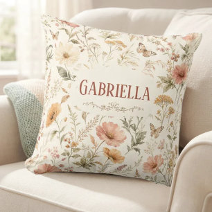 Cojín Decorativo Monograma de nombre de flor silvestre acuarela boh