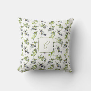 Cojín Decorativo Monograma de nombre de olivos en acuarela verde sa