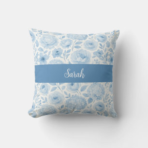 Cojín Decorativo Monograma de nombre floral acuarela azul blanco