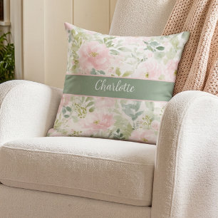 Cojín Decorativo Monograma de nombre floral en acuarela rosa rubor