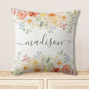Cojín Decorativo Monograma de nombre personalizado acuarela floral 