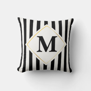 Cojín Decorativo Monograma de oro blanco y franjas blancas