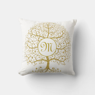 Cojín Decorativo Monograma de oro de árbol de la vida moderno