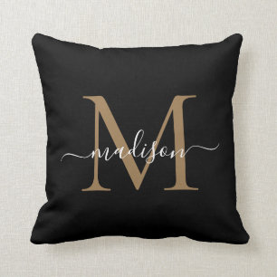 Cojín Decorativo Monograma de oro negro guión moderno elegante feme