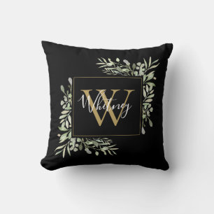 Cojín Decorativo Monograma de oro negro personalizado con vegetació
