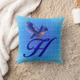 Cojín Decorativo Monograma de pájaro azul H inicial