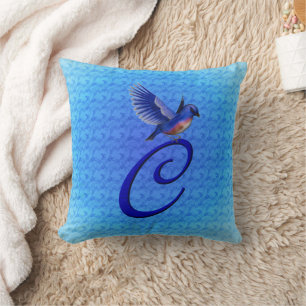 Cojín Decorativo Monograma de pájaro azul inicial C 