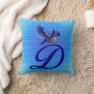 Cojín Decorativo Monograma de pájaro azul Inicial D