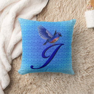 Cojín Decorativo Monograma de pájaro azul Inicial J