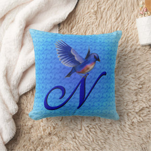 Cojín Decorativo Monograma de pájaro azul Inicial N