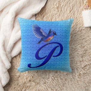 Cojín Decorativo Monograma de pájaro azul Inicial P
