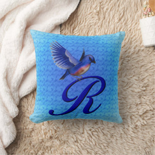 Cojín Decorativo Monograma de pájaro azul Inicial R
