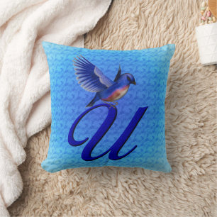 Cojín Decorativo Monograma de pájaro azul Inicial U