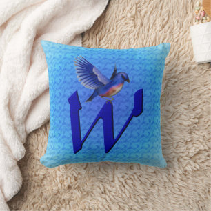 Cojín Decorativo Monograma de pájaro azul Inicial W