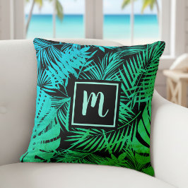 Cojín Decorativo Monograma de palmera tropical verde turquesa ombre