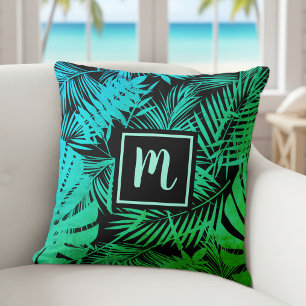 Cojín Decorativo Monograma de palmera tropical verde turquesa ombre