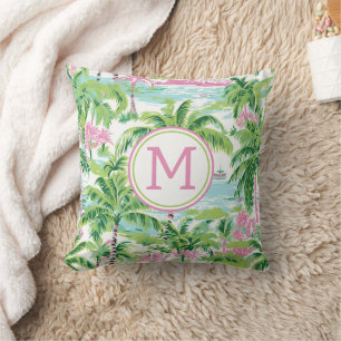 Cojín Decorativo Monograma de palmeras tropicales verde y rosa prec