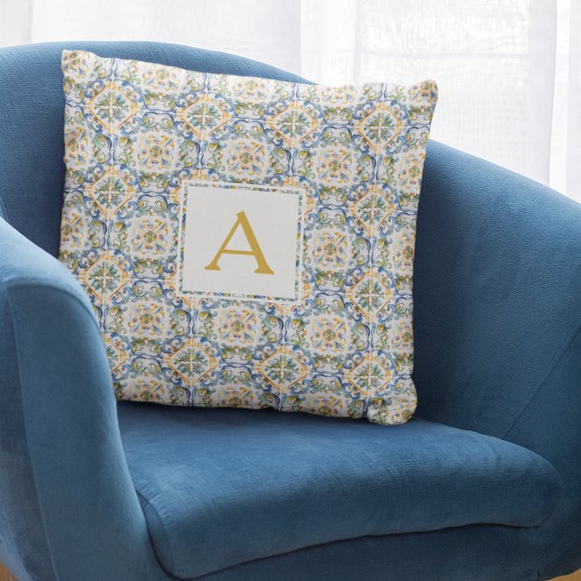 Cojín Decorativo Monograma de Patrón Azul (Blue Pattern Monogram Throw Pillow
)