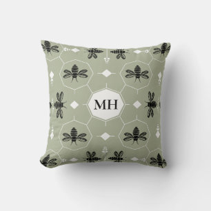 Cojín Decorativo Monograma de Patrón de Abeja Negra Elegante Verde