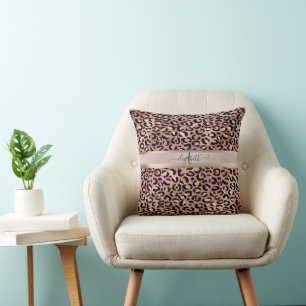 Cojín Decorativo Monograma de Patrón de Leopardo Rosa Dorado Negro
