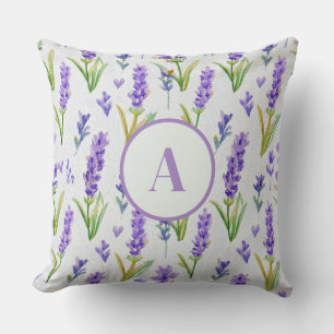 Cojín Decorativo Monograma de Patrón de Lila Púrpura Acuarela